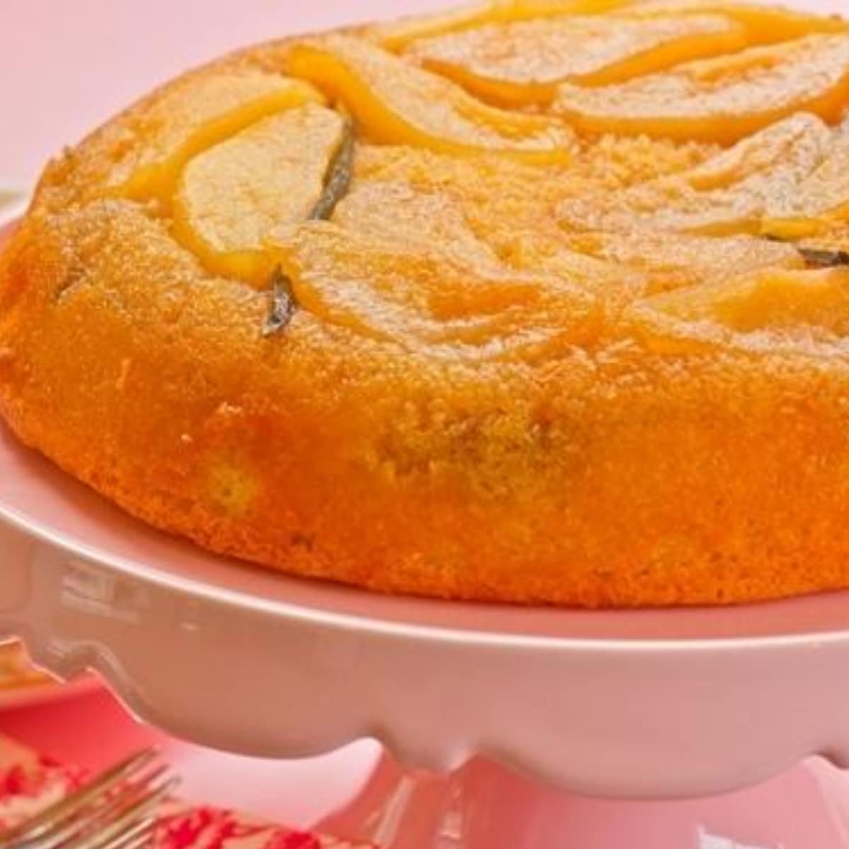 close up side view of Pear Vanilla Upside Down Cake