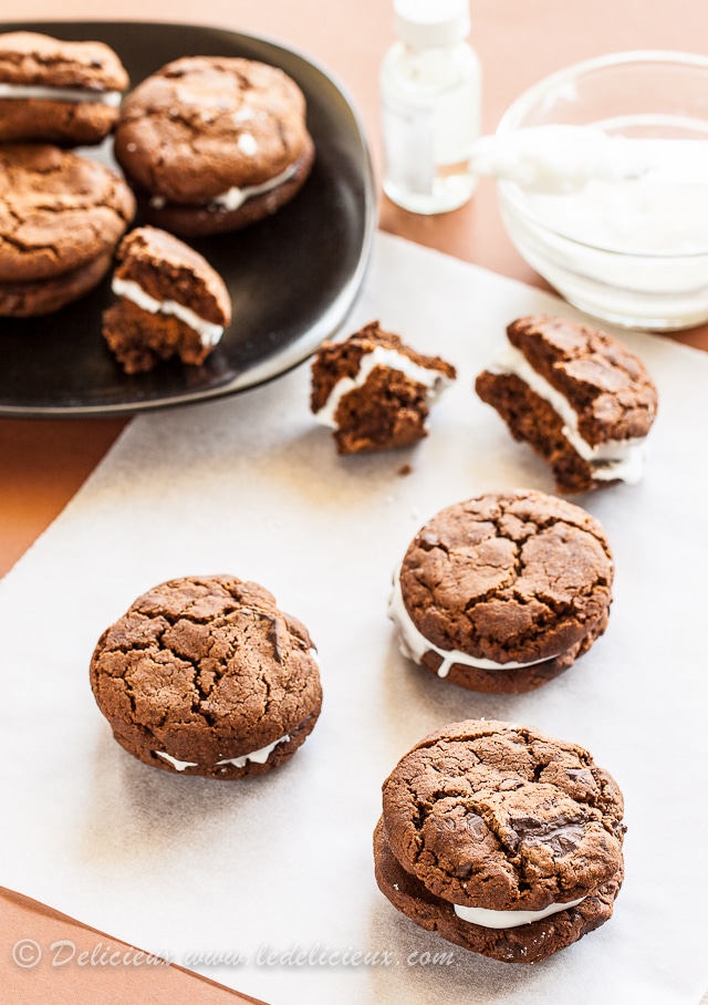 These deliciously chocolatey tender brownie cookies are packed with chocolate chunks and sandwiched with peppermint cream.