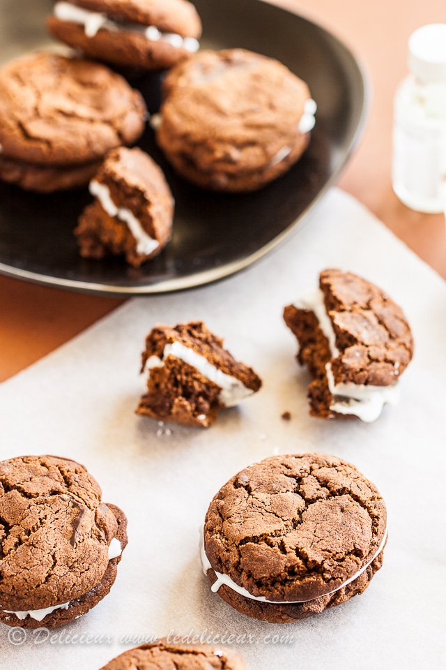 These deliciously chocolatey tender brownie cookies are packed with chocolate chunks and sandwiched with peppermint cream.