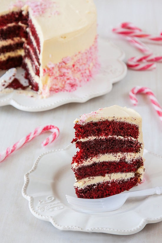 slice of candy cane cake being served