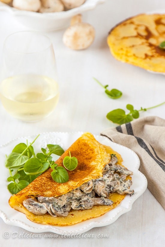 Chickpea flour crepes filled with a creamy mushroom, herb and cream cheese filling #vegetarian #recipe | deliciouseveryday.com
