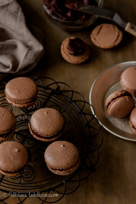 Chocolate macarons filled with dark chocolate ganche recipe | via deliciouseveryday.com