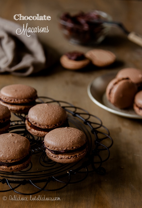 Chocolate macarons filled with dark chocolate ganche recipe | via deliciouseveryday.com