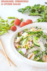 Edamame vermicelli and lychee salad recipe - a delicious, light vegan salad that is ready in 15 minutes | DeliciousEveryday.com