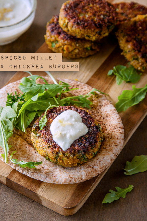Spiced millet and chickpea burgers with preserved lemon yoghurt | DeliciousEveryday.com #vegetarian