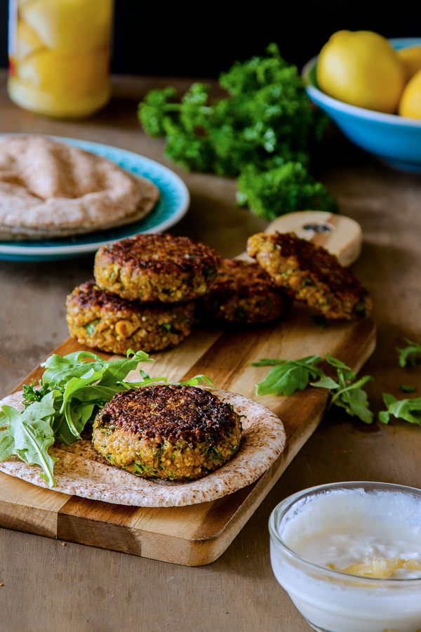 Spiced millet and chickpea burgers with preserved lemon yoghurt recipe | DeliciousEveryday.com #vegetarian