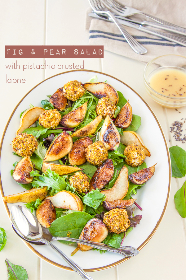 Fig and Pear Salad with Pistachio Crusted Labne and Honey and Lavender Dressing recipe | DeliciousEveryday.com