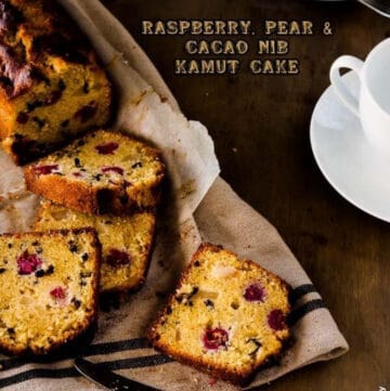 Raspberry Pear and Cacao Nib Kamut Cake