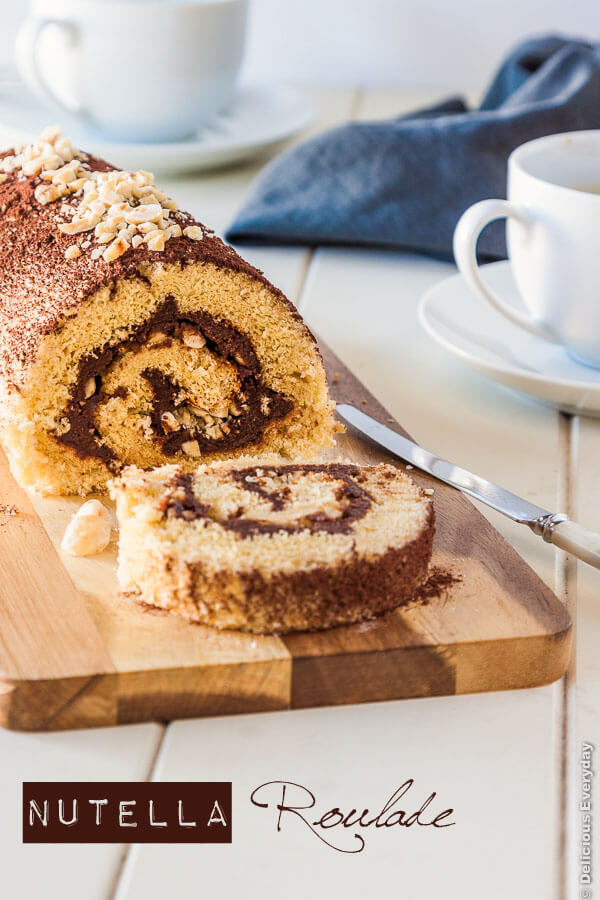 Nutella roulade (swiss roll cake) with toasted hazelnuts recipe | deliciouseveryday.com