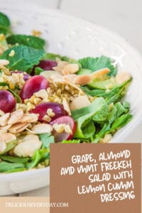 Grape almond and mint freekeh salad with lemon cumin dressing vegan