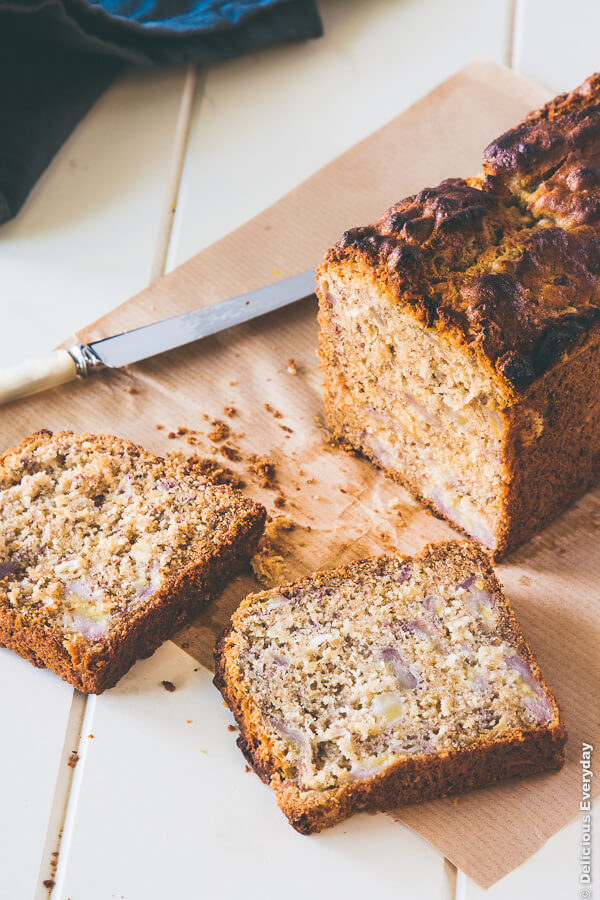This moist, delicious and dairy free banana bread with honey roasted bananas is what you need to make whenever you have an excess of bananas. | DeliciousEveryday.com