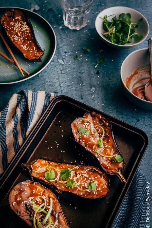Miso glazed eggplant is a wonderful example of the delicious simplicity of Japanese food. Soft creamy roasted eggplant topped is topped with a sweet, salty umami-laden miso topping. It’s easy, delicious and packed with flavour!