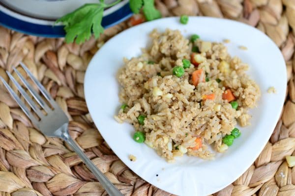 vegan fried rice on a white plate