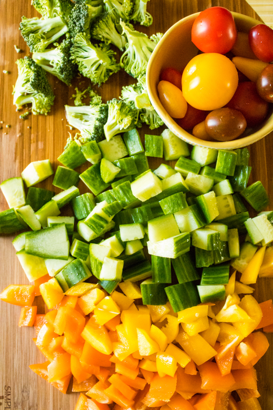 chopped veggies for summer orzo salad