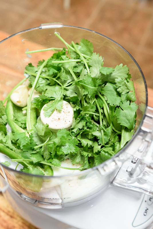 ingredients for cilantro lime yogurt dressing in food processor