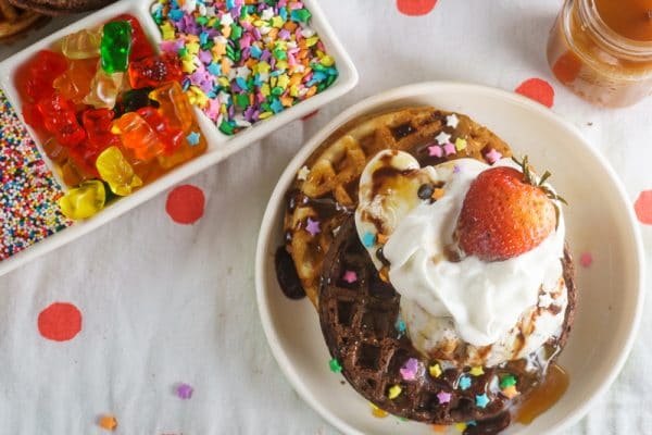 waffle sundae with candy toppings