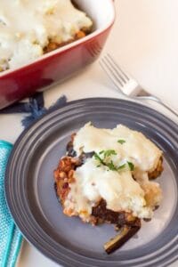 roasted eggplant, fluffy mashed potatoes, nutrition-packed lentils and chickpeas, and a creamy vegan Bechamel sauce