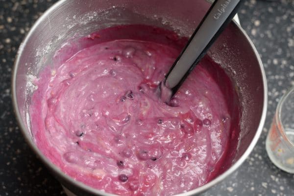 purple cake batter for blueberry lemon yogurt cake 