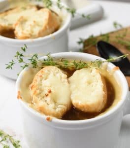 vegan french onion soup in tureen