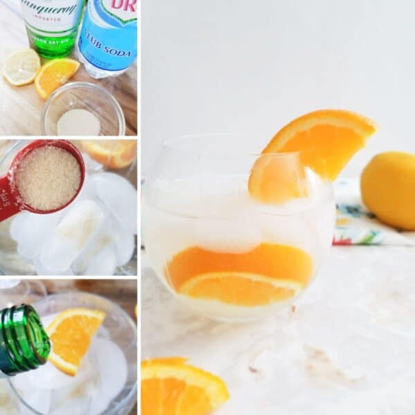collage of images showing how to make a tom collins cocktail