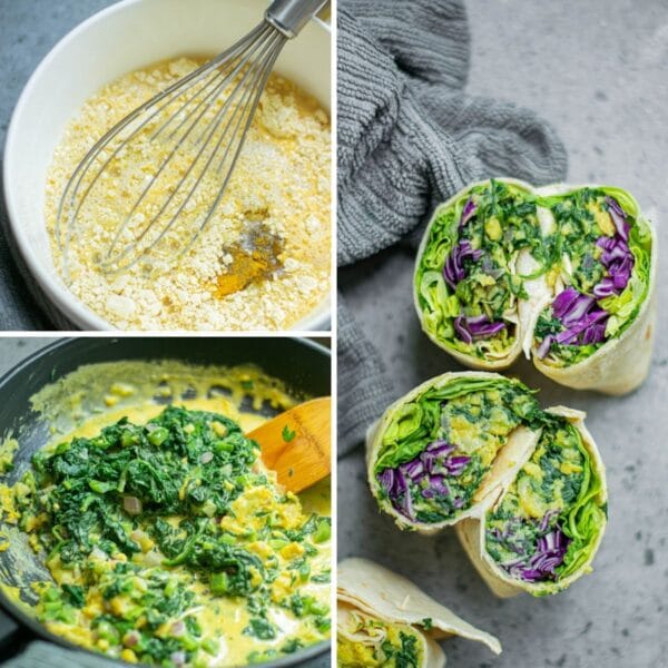 collage showing the process of making vegan breakfast burritos