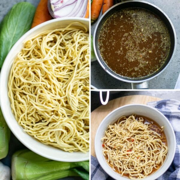 collage showing vegan ramen noodles and broth being cooked
