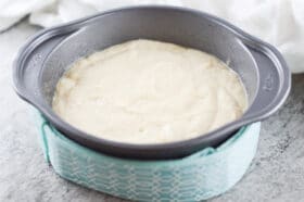 vegan cake batter in baking pan