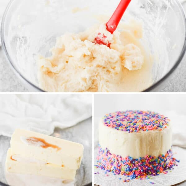 collage of images showing someone mixing vegan buttercream frosting and using it on a cake