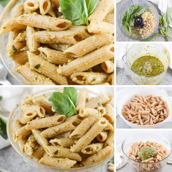 collage of images showing how to make vegan pesto pasta