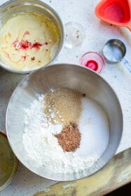 mixing dry ingredients for vegan red velvet cake