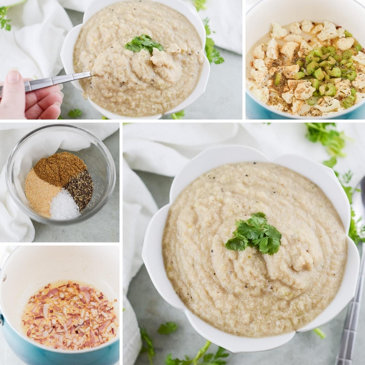 collage of images showing how to make vegan cauliflower soup