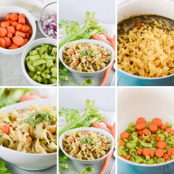 collage of images showing how to make vegan chicken noodle soup
