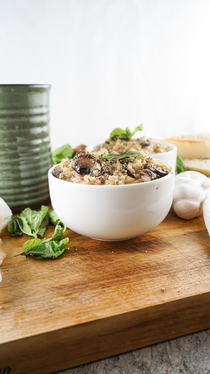 one bowl of vegan mushroom risotto