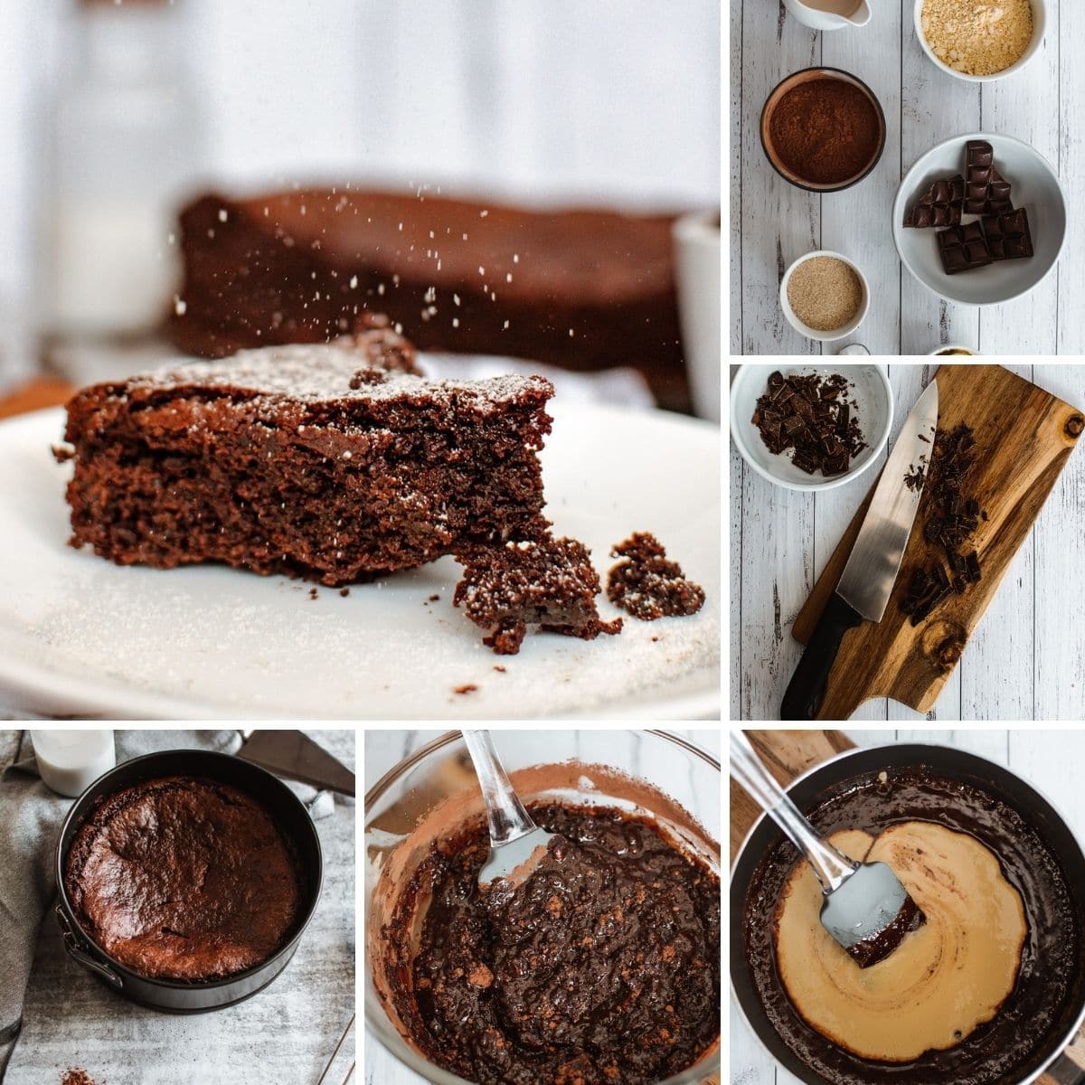 how to make vegan flourless chocolate cake collage