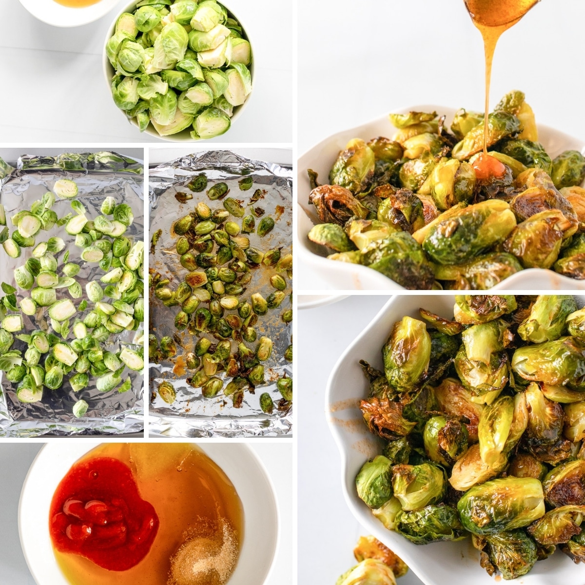 how to make honey sriracha brussels sprouts collage