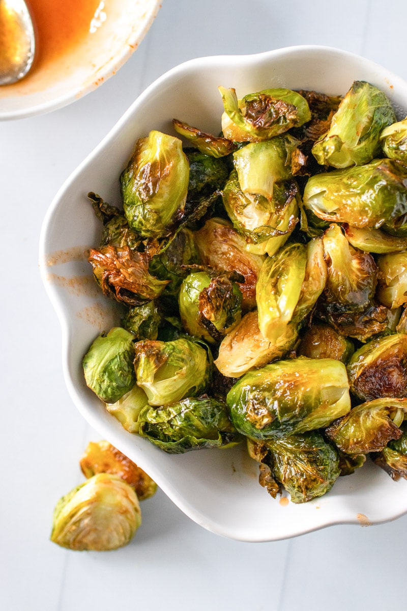 bowl of honey sriracha brussels sprouts