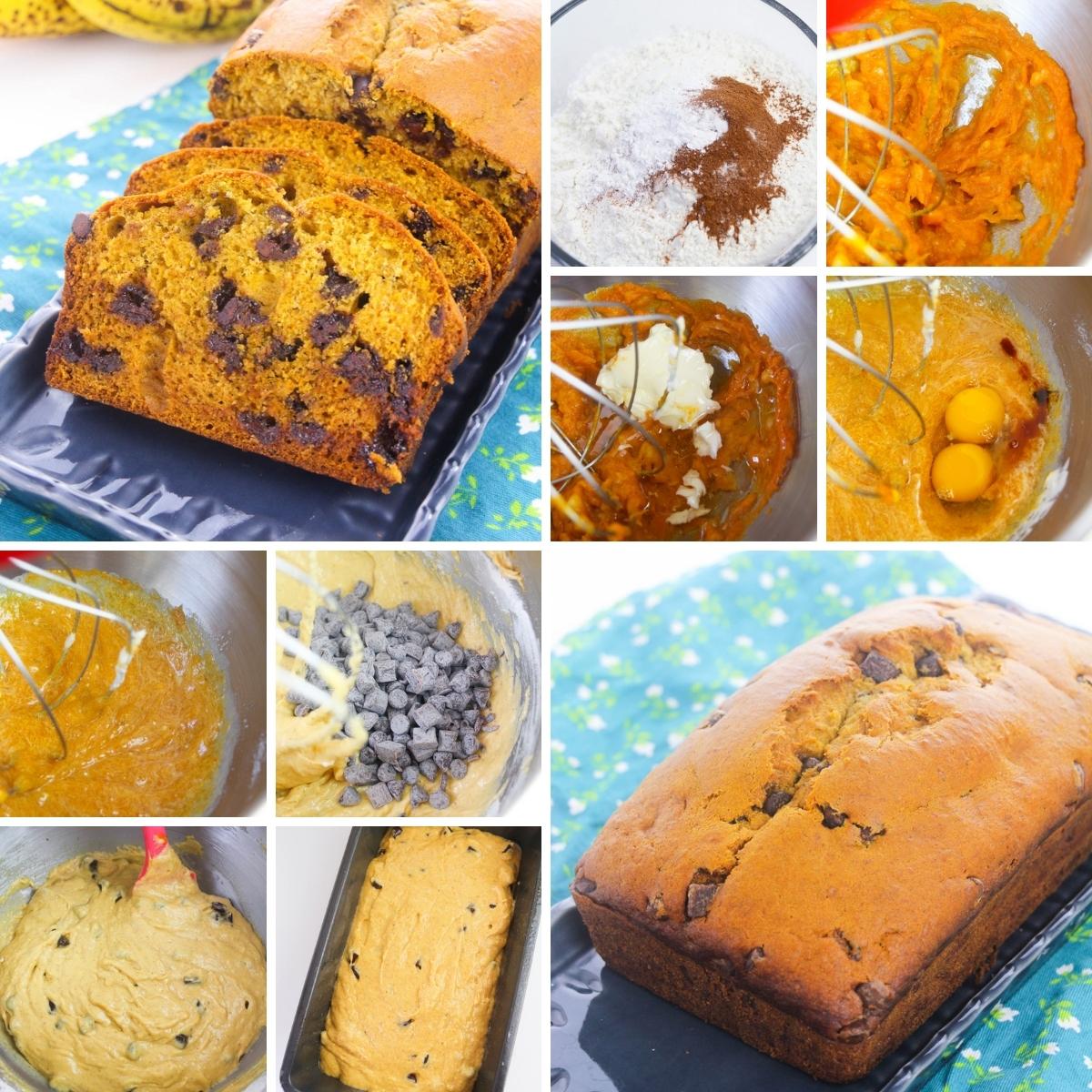 how to make pumpkin banana bread with chocolate chips collage