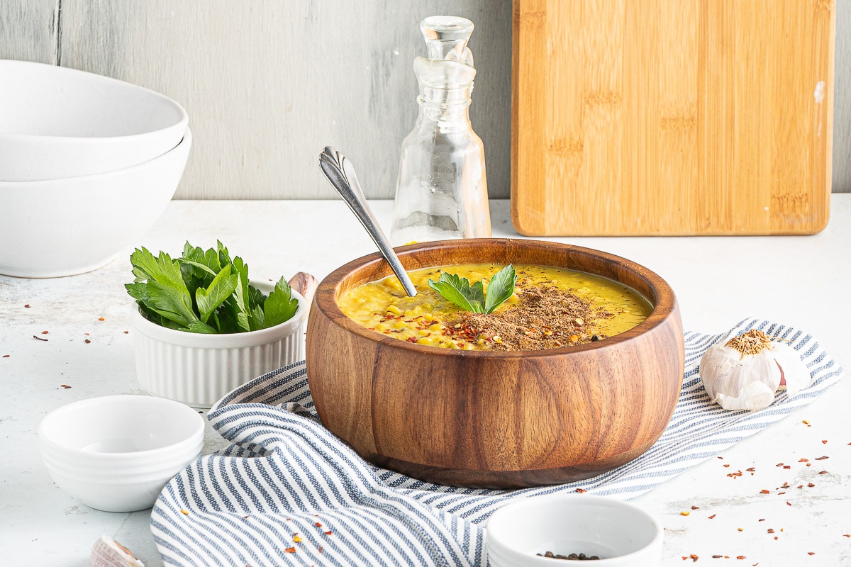side view bowl of one-pot coconut lentil curry