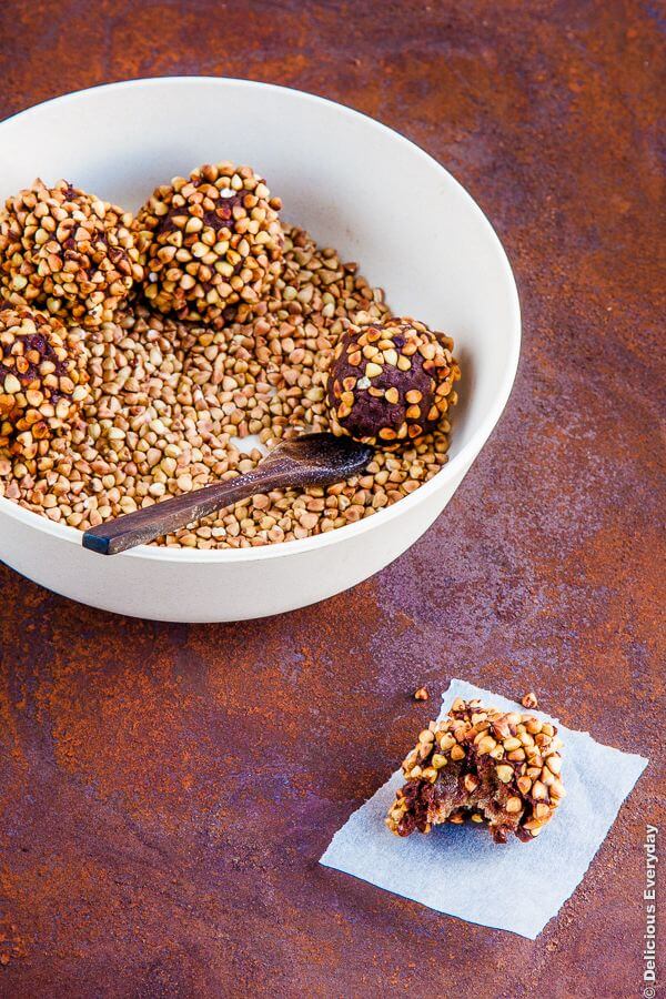 Tahini Caramel Buckwheat Balls - raw, vegan, gluten free and nut free. A wonderful healthy treat for this Easter | Get the recipe at DeliciousEveryday.com