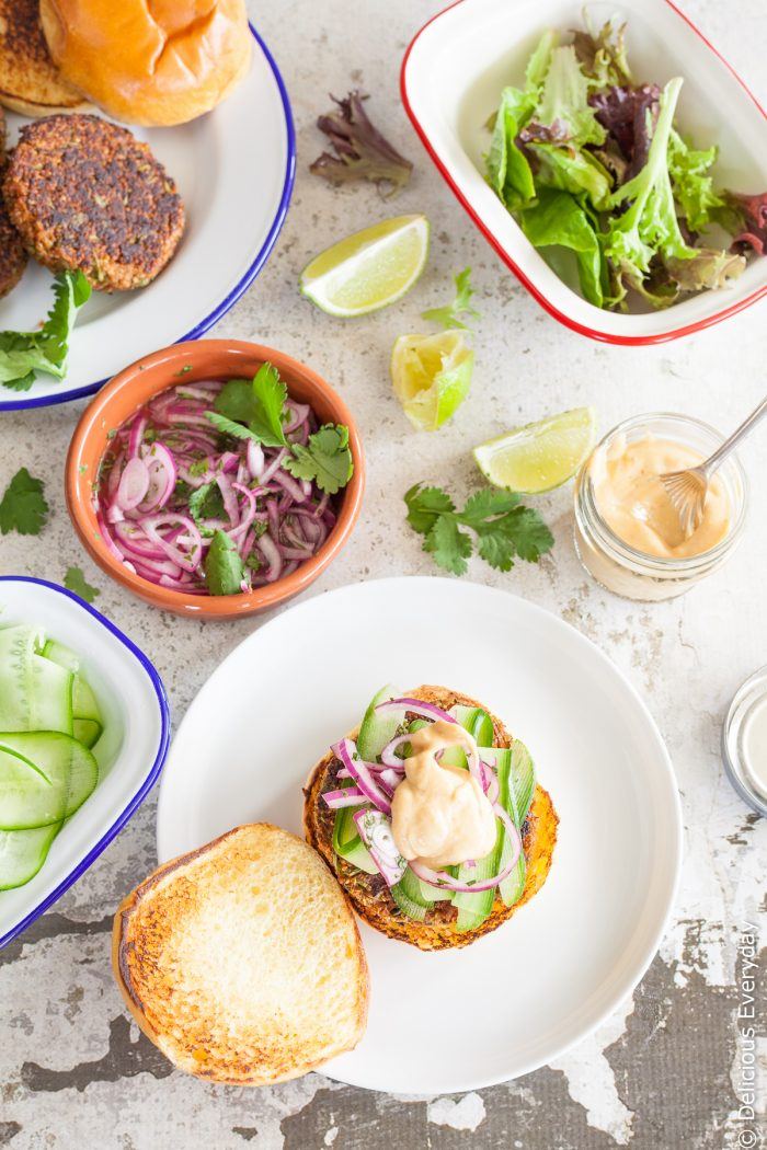 hese gourmet vegetarian burger patties are packed with the flavours of ginger, lemongrass, carrot and soy. Top these gluten free veggie burgers with lime and coriander (cilantro) onions and sweet chilli sauce and watch them disappear! | Click for the recipe