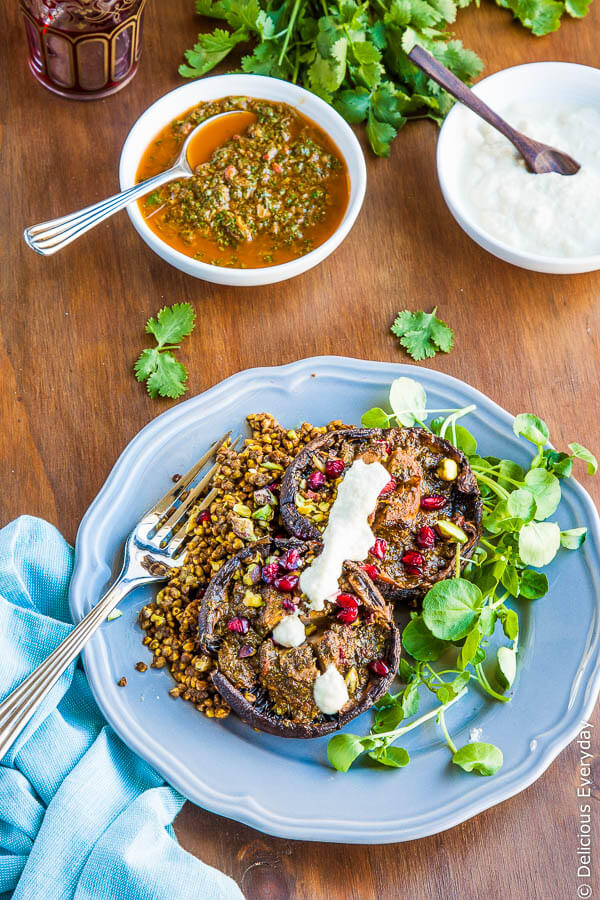 Chermoula Mushrooms with Persian Spiced Buckwheat - a delicious vegan Autumn meal topped with Pomegranate seeds and Preserved Lemon Cashew Cream | DeliciousEveryday.com