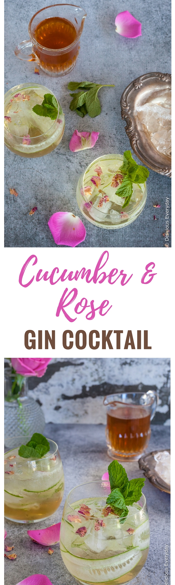 This delicately perfumed light, fizzy Rose and Cucumber Collins cocktail is a perfect pre-dinner sipper. With refreshing cucumber and a homemade rosewater syrup it is the perfect compliment to aromatic gin.
