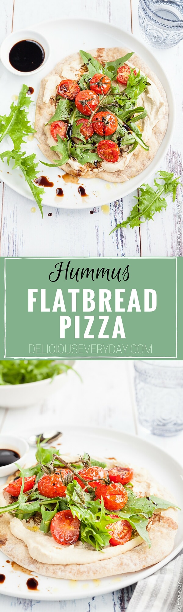 Hummus and Tomato Vegan Flatbread Pizza - A quick, easy and healthy light meal. Flatbreads are lightly toasted until crisp and topped with smooth creamy hummus, sweet cherry tomatoes, dandelion greens and tart balsamic for a satisfying meat-free lunch. | click for the recipe