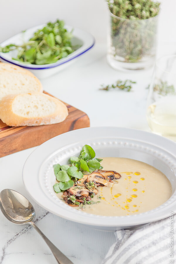Jerusalem Artichokes may not be much to look at, but beneath that knobbly exterior is a nutty, sweet and earthy treat. This velvety smooth Jerusalem Artichoke soup is topped with mushrooms and watercress for a complete meal in a bowl.
