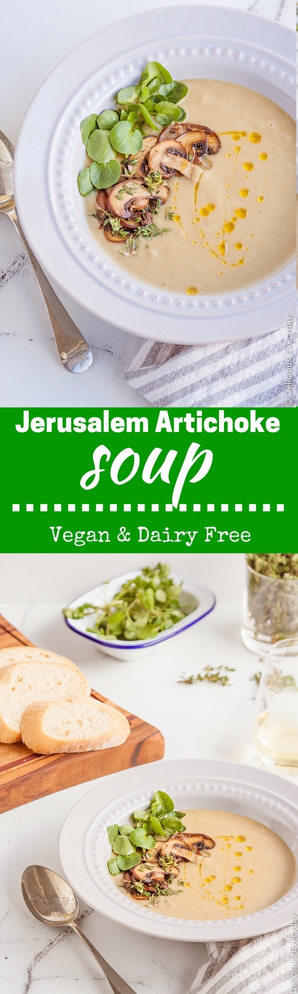 Get the recipe for this delicious vegan Jerusalem Artichoke Soup with Mushrooms and Watercress. | Find the recipe at DeliciousEveryday.com
