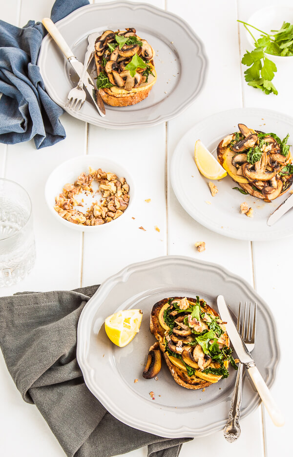 Mushroom Pear and Cavolo Nero Toasts - These scrumptious brunch toasts are topped with earthy mushrooms and slightly bitter cavolo nero which contrast beautifully with sweet pear and leeks. The finishing touch is a sprinkling of toasted walnuts. | DeliciousEveryday.com