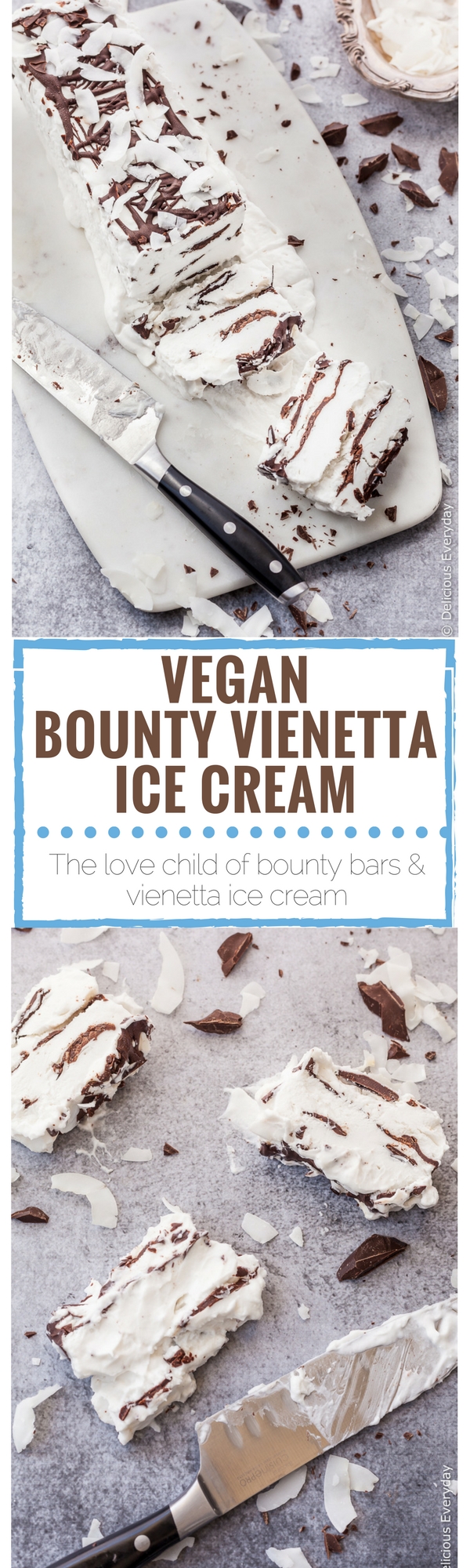 This Bounty Vienetta Ice Cream is the love child of Bounty Bars and Vienetta Ice Cream. This no churn vegan and dairy free recipe is super easy and sure to impress your dinner party guests.
