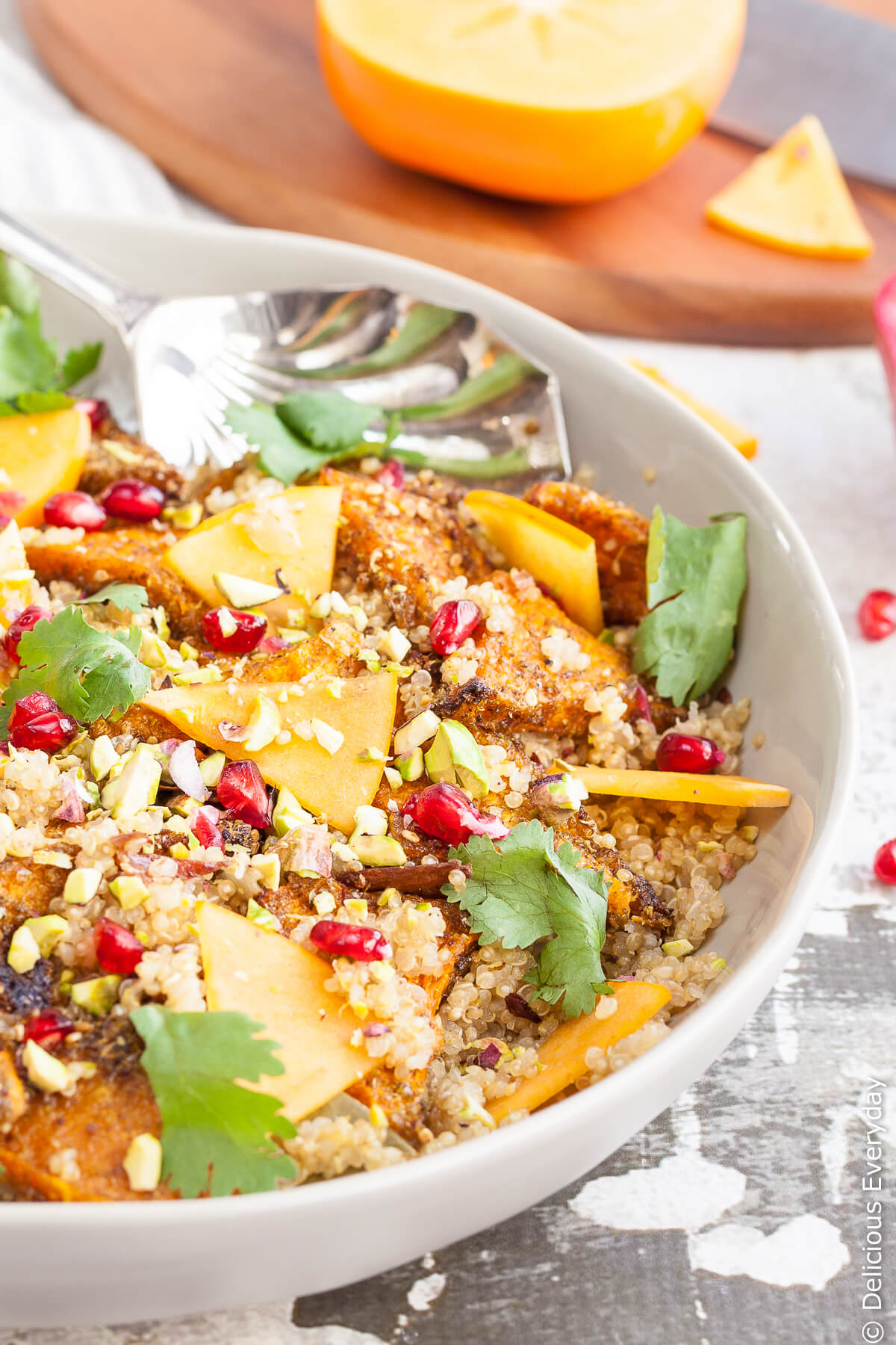 A beautifully vibrant and flavourful vegan quinoa pilaf to celebrate the arrival of Autumn with the Autumnal flavours of pumpkin, pomegranate and persimmon. 