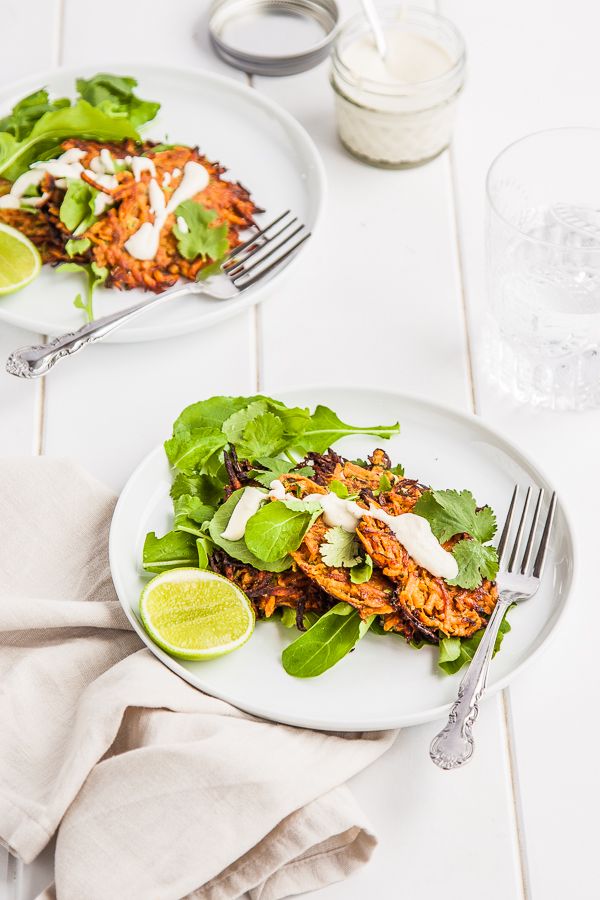 Sweet Potato Fritters with Lime Cashew Cream {gluten free + dairy free}| DeliciousEveryday.com