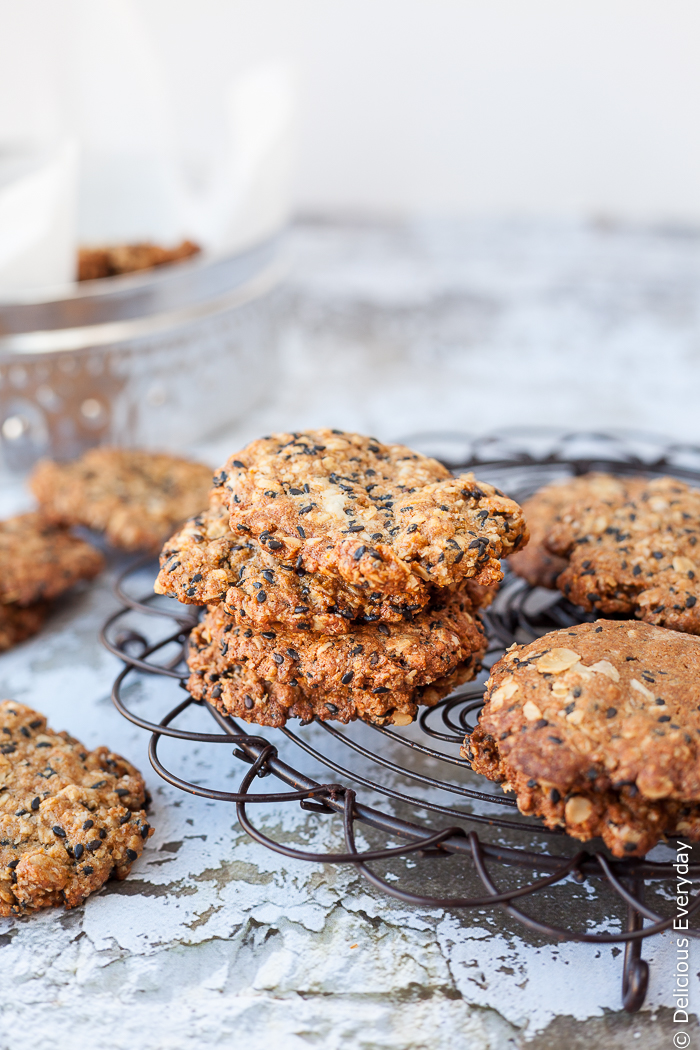 Black Sesame and Oat Tahini Cookies - Not too sweet, with a hint of saltiness these sesame tahini cookies are perfect for afternoon snacking. | DeliciousEveryday.com